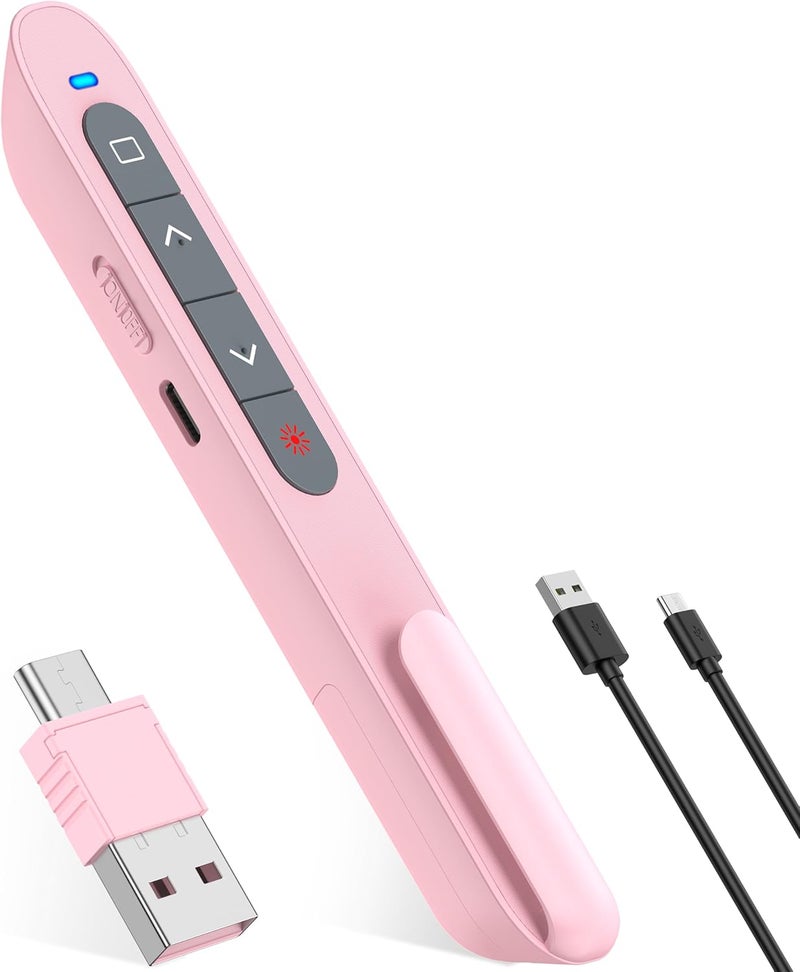 HEYLACOOLX Presentation Clicker Rechargeable Pink Wireless Presentation Remote Presenter Long Range PPT Clicker with Pointer Slide Advancer for Classroom Teacher Mac/Windows/Linux, Google Slide/PPT/Keynote - Image 1
